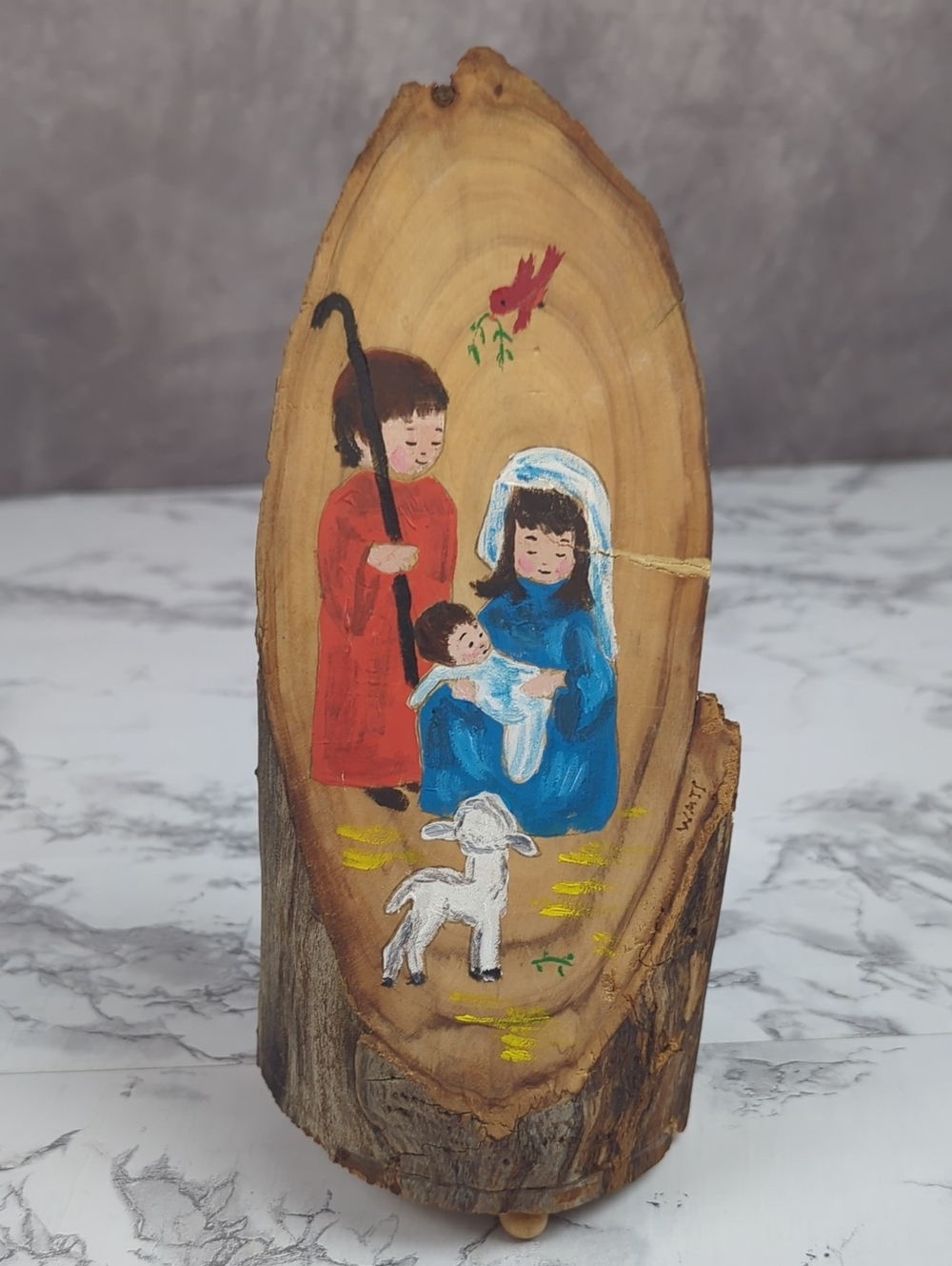 Hand Painted Wood Slice Nativity Music Box Signed Delores Bruns Folk Art